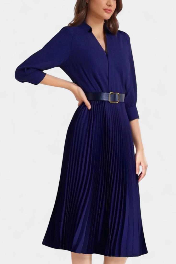 Michelle Notched Collar Midi Dress with Belt