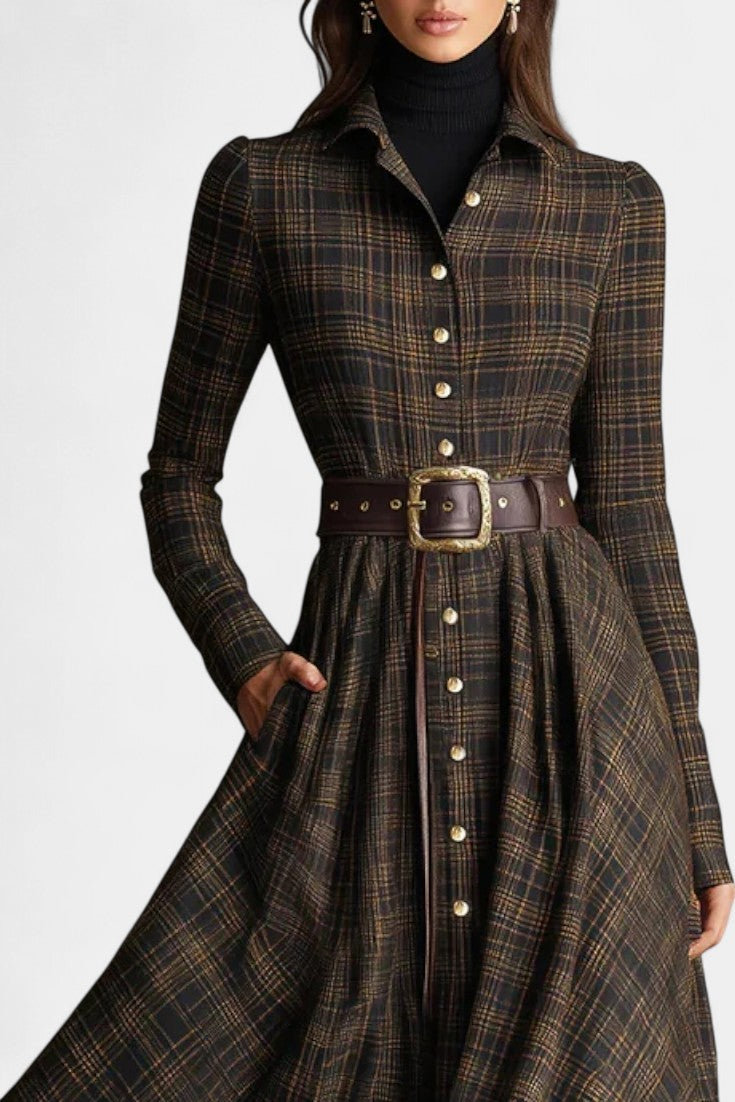 Brown and Black Plaid Long Shirt Dress by Aliette