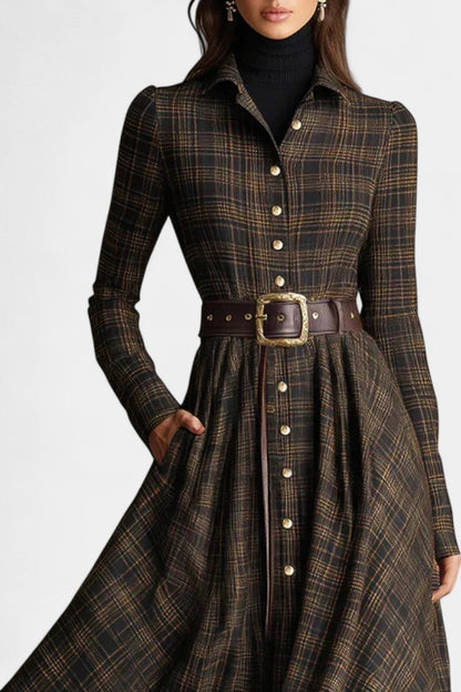 Brown and Black Plaid Long Shirt Dress by Aliette