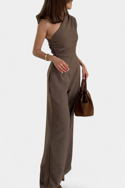 Asymmetrical™ -  One-Shoulder Jumpsuit with Ruched Accents in Magnolia