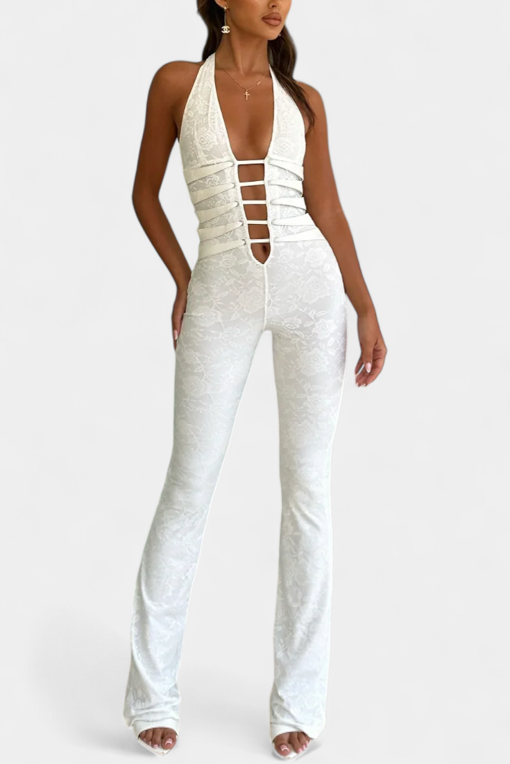 Kendra™ -  Floral Lace Halter Jumpsuit Featuring an Open Back