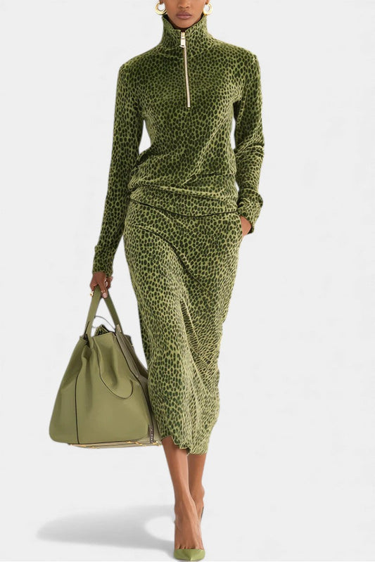 Avdotya™ - Retro Leopard High Collar Ensemble