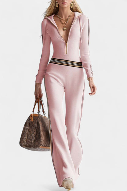 Angélise™ - Contrast Striped Hooded Knitted Jumpsuit