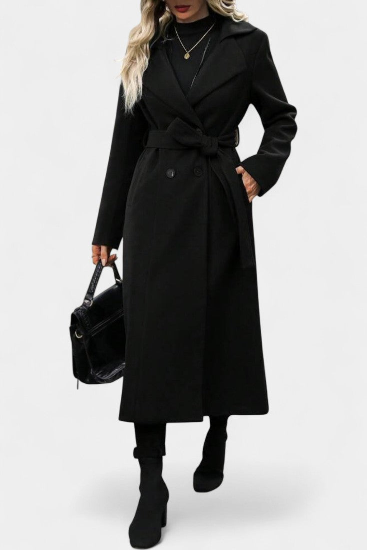 Mélissandre Double-Breasted Long Coat with Notched Collar and Check Pattern
