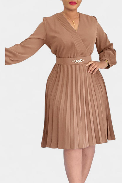 Lucie Long Sleeve Midi Dress with Pleats and Belt