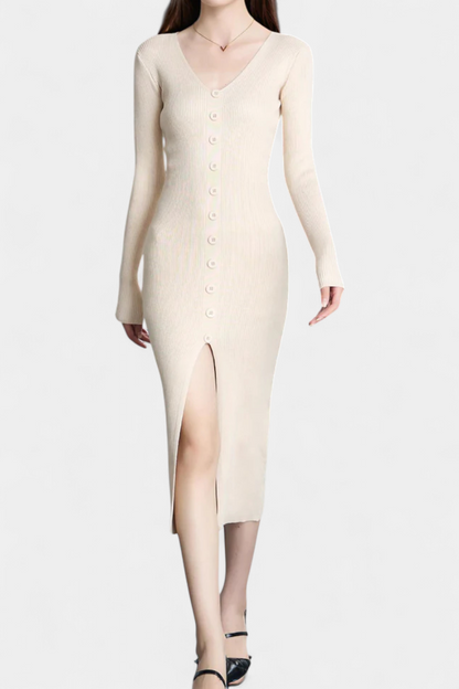 Nadège V-Neck Midi Knitted Dress with Chic Button Details