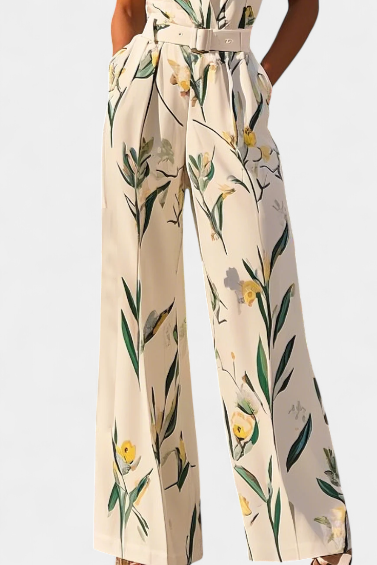 Slara™ -  White V-Neck Jumpsuit with Belted Waist
