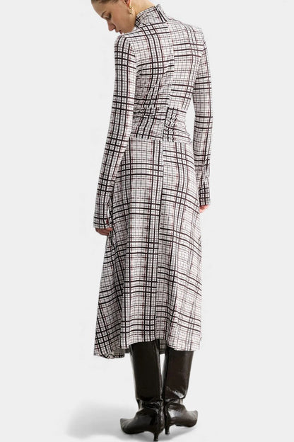 Checked Velleda Maxi Dress with High Collar and Long Sleeves