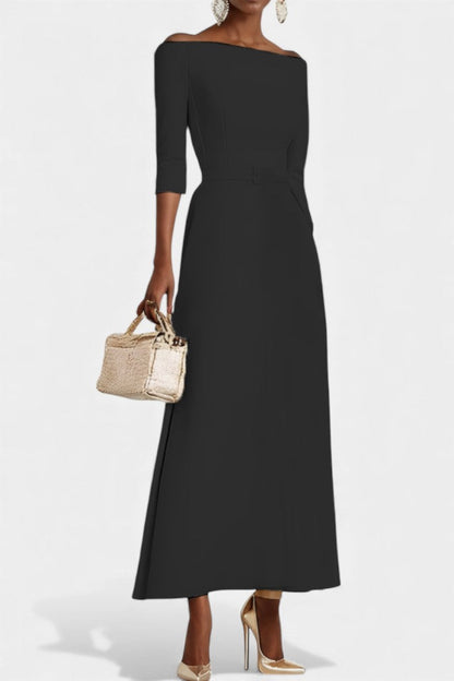 Meriya Off-the-Shoulder Long Trapeze Dress with Short Sleeves