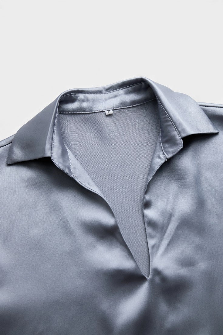 Plunging Neckline Aline Silver Satin Blouse