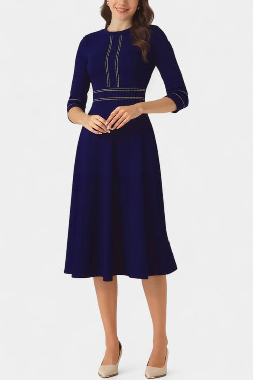 Chantal Midi Flared Dress Featuring Round Neck and 3/4 Sleeves