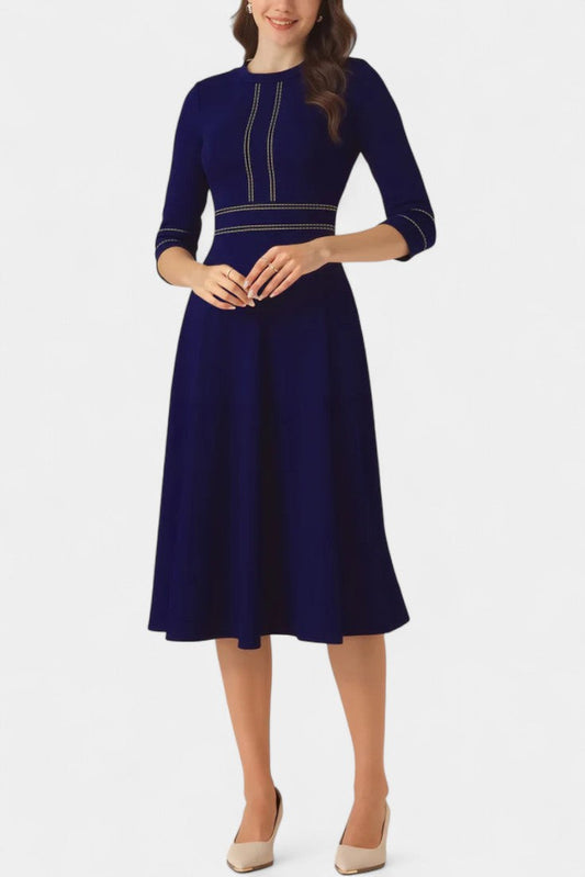 Chantal Midi Flared Dress Featuring Round Neck and 3/4 Sleeves