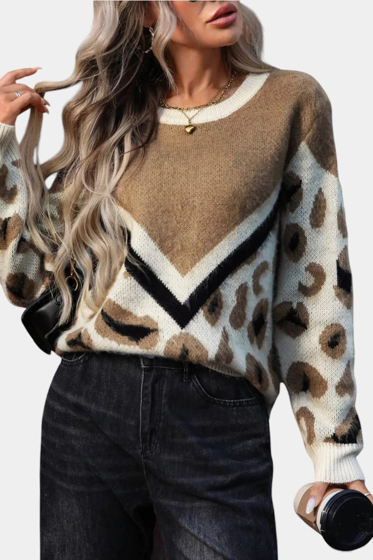 Leopard Print Ginette Sweater with Bold Stripes