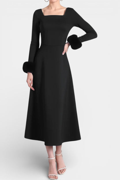 Alicia Square Neck Flared Dress with Patchwork Faux Fur Sleeves