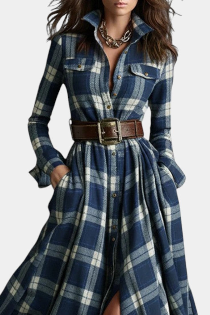 Eustelle Collared Blue Check Maxi Dress