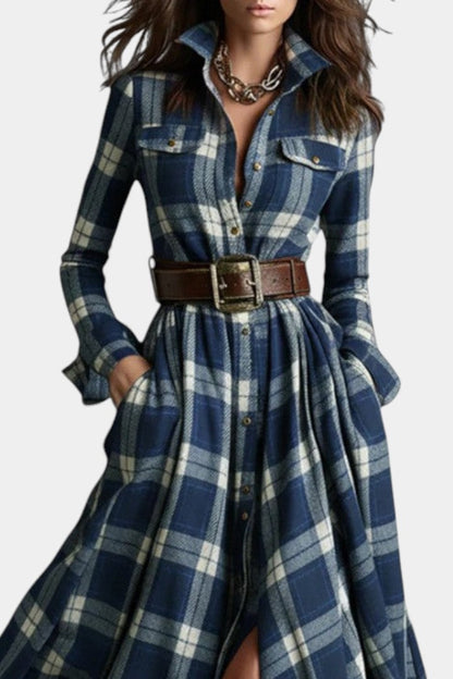Eustelle Collared Blue Check Maxi Dress