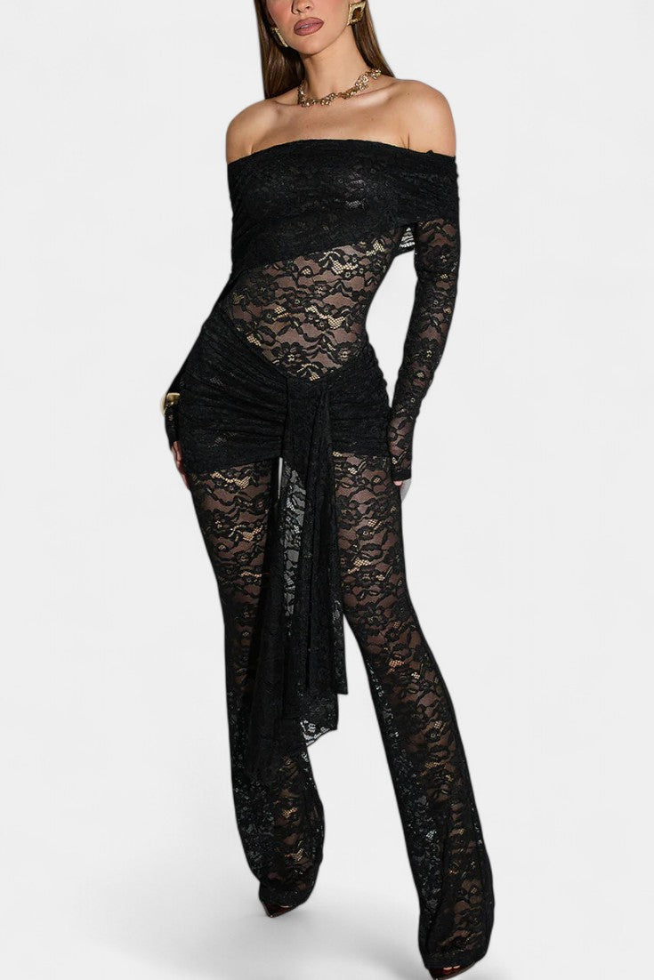 Maristella™ -  Bardot Set: Sheer Lace Top with Ruffled Mini Skirt