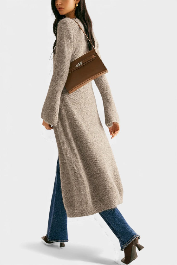 Dorénia V-Neck Midi Sweater Dress with Side Slit