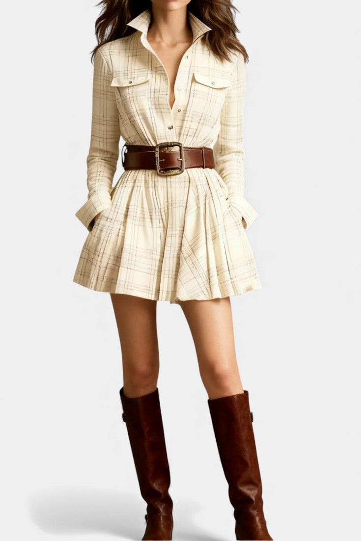 Bogdana Vintage-Inspired Mini Dress with Checkered Pattern and Belt