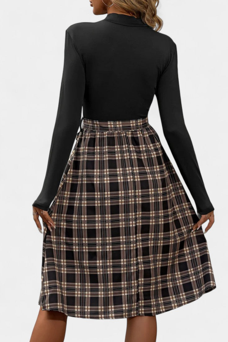 Orlane High-Collar A-Line Checkered Dress with Long Sleeves