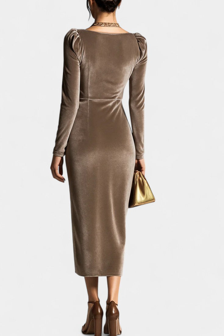Chérane Velvet Midi Dress with Ruffled Neckline and Tulip Hem