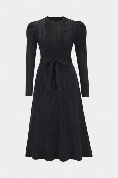 Évoria Puff Sleeve Midi Knit Dress with Lace Accents