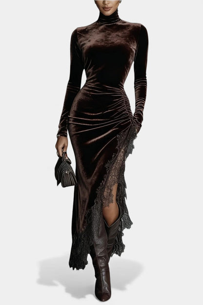 Mylène Asymmetrical Lace Hem Long Velvet Dress