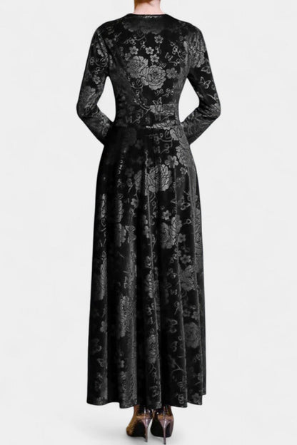 Ombeline V-Neck Long Velvet Dress with Textured Floral Design