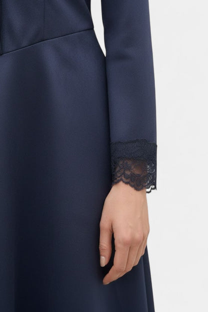 Suede Long Robe with Shirt Collar and Lace Details