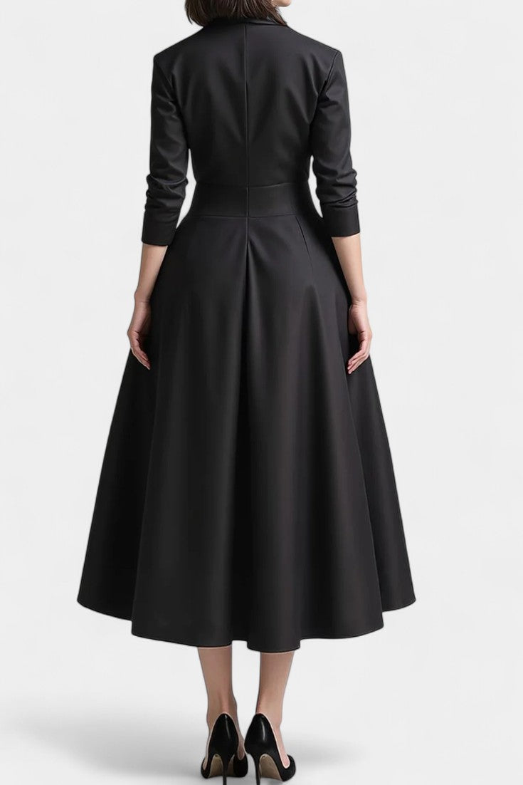 Solid Color Nixie Midi Dress with V-Neck and A-Line Silhouette