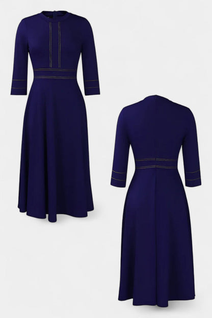 Chantal Midi Flared Dress Featuring Round Neck and 3/4 Sleeves