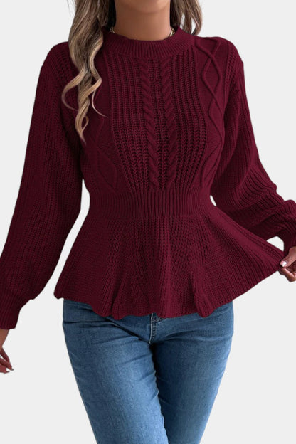 Alix Round Neck Peplum Sweater with Twisted Knit Design