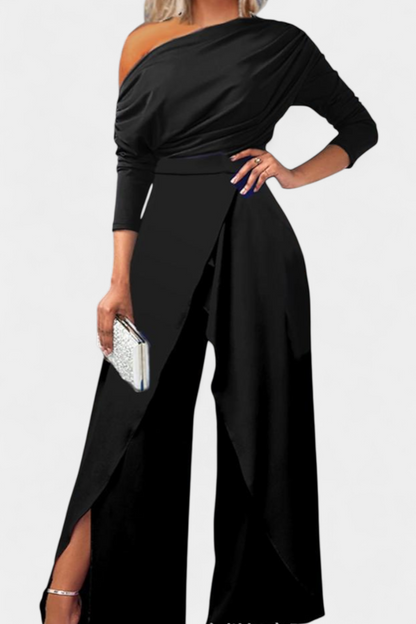 Brina™ - Asymmetrical Jumpsuit with Pearl-Embellished Shoulders and Straight Legs