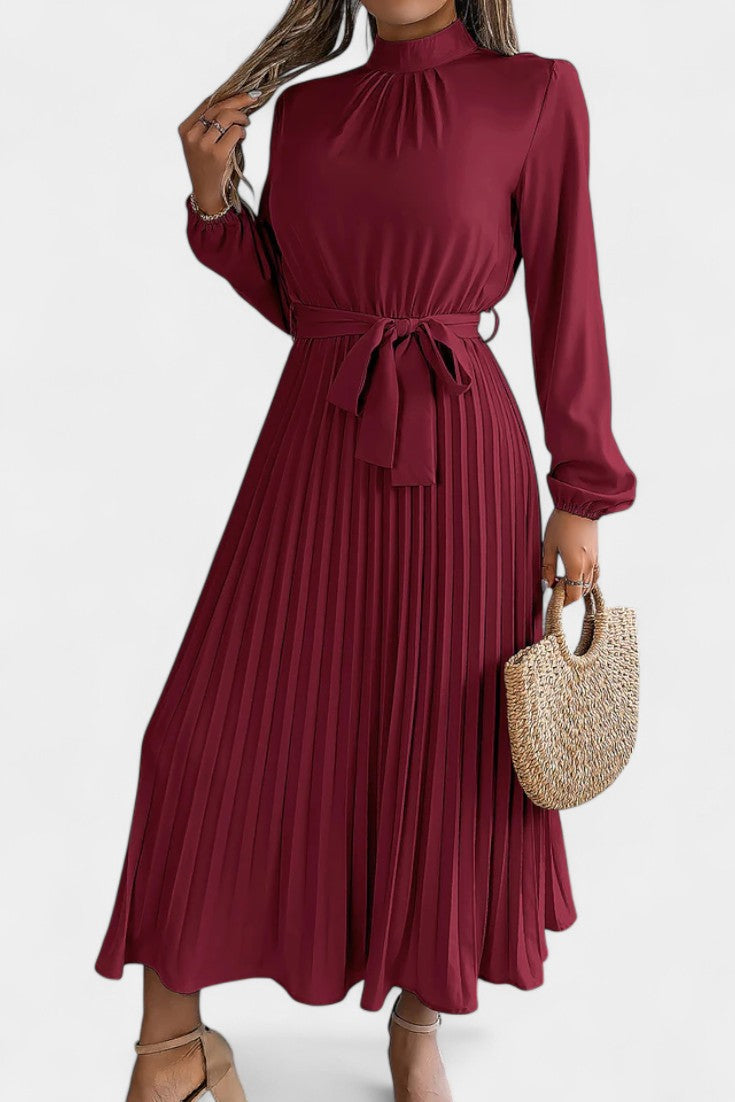 Morgane Pleated Dress Featuring a High Gathered Collar and Tied Waist