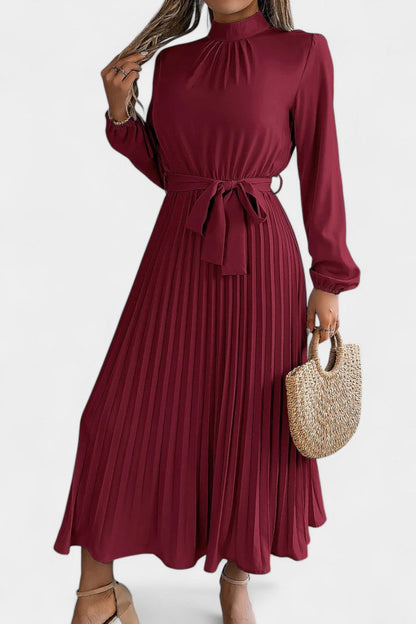 Morgane Pleated Dress Featuring a High Gathered Collar and Tied Waist