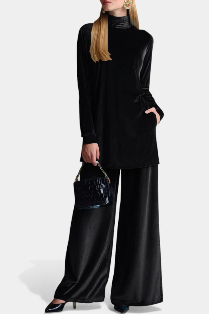 Tifenn Velvet High-Top and Split Pants Set with Elevated Collar