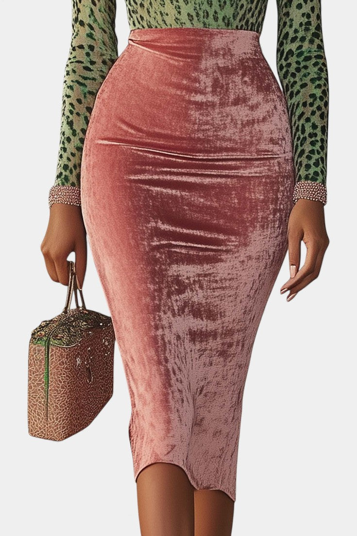 Bernarda Leopard Print Midi Bodycon Dress in Pink and Green Velvet
