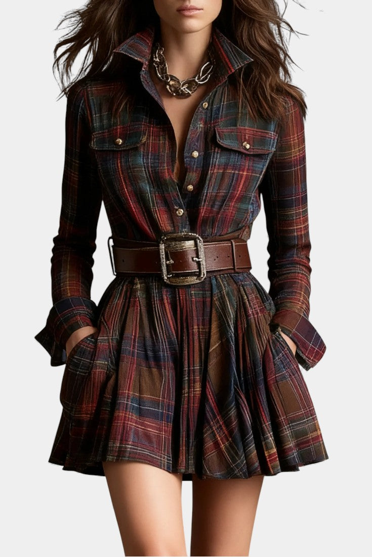 Bogdana Vintage-Inspired Mini Dress with Checkered Pattern and Belt