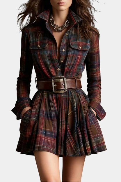 Bogdana Vintage-Inspired Mini Dress with Checkered Pattern and Belt