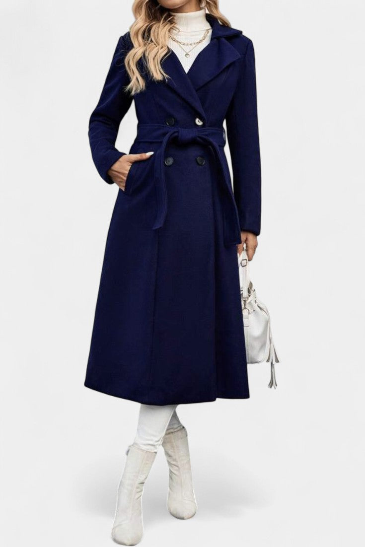 Mélissandre Double-Breasted Long Coat with Notched Collar and Check Pattern