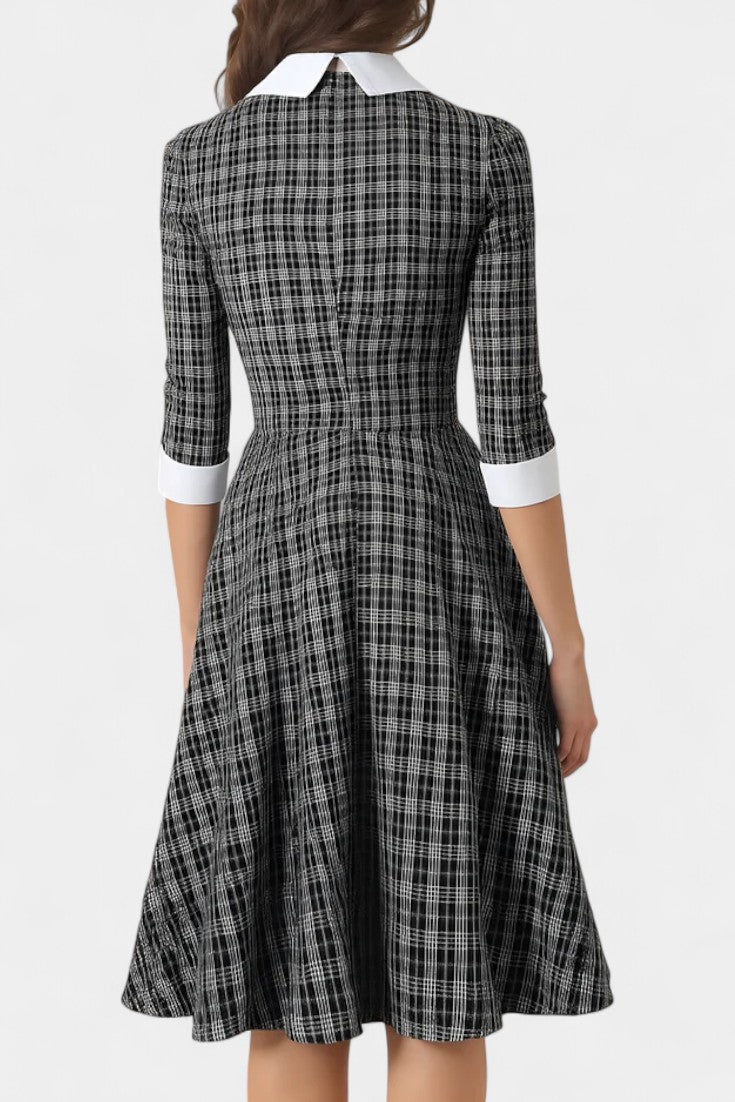 Natacha Checkered Midi A-Line Dress with Collar and Bow Detail