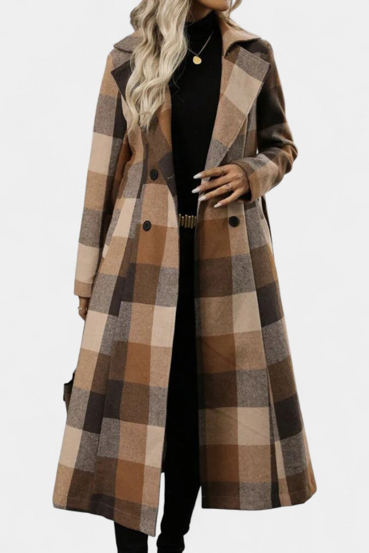 Mélissandre Double-Breasted Long Coat with Notched Collar and Check Pattern