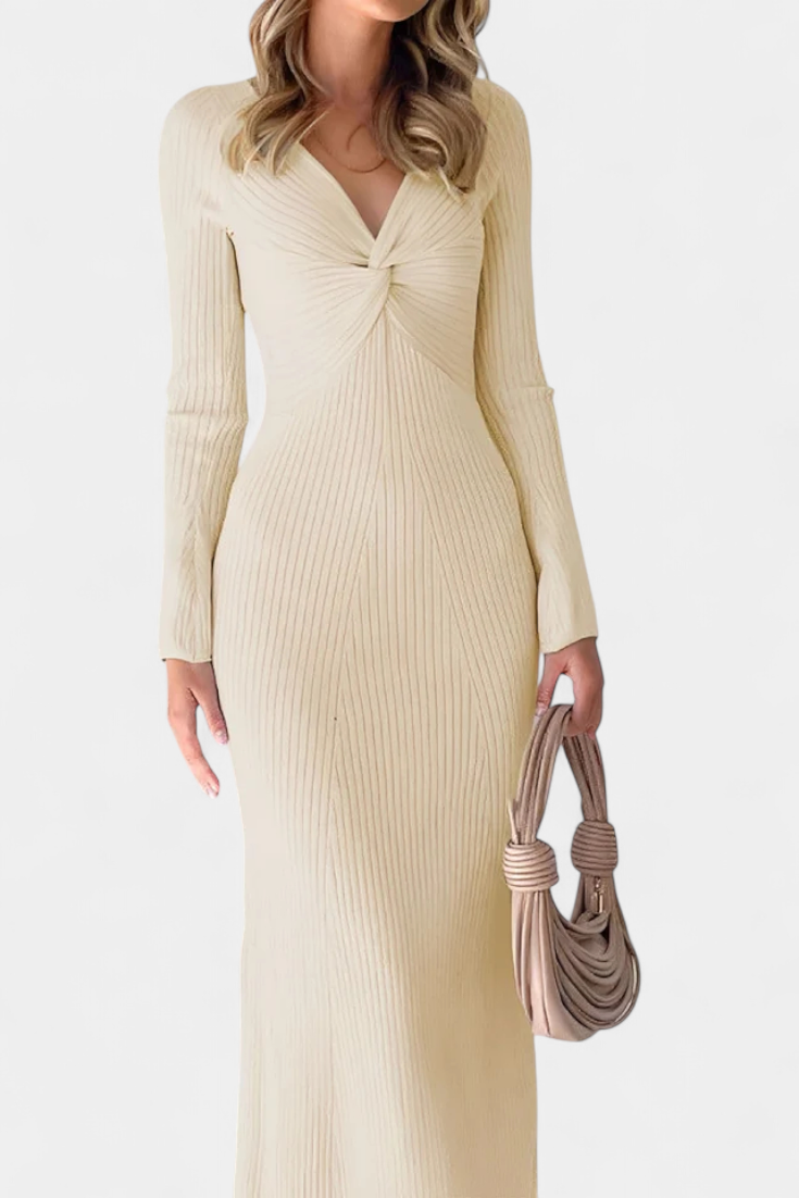 Mélusine Ruched V-Neck Long Sleeve Fitted Knit Dress