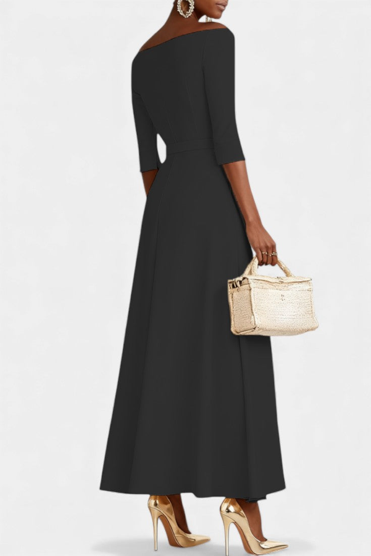 Meriya Off-the-Shoulder Long Trapeze Dress with Short Sleeves
