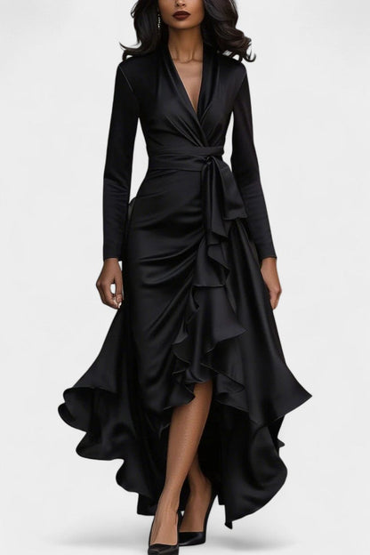 Isabeau Satin Dress Featuring Ruffled Hem and Adjustable Waist Belt