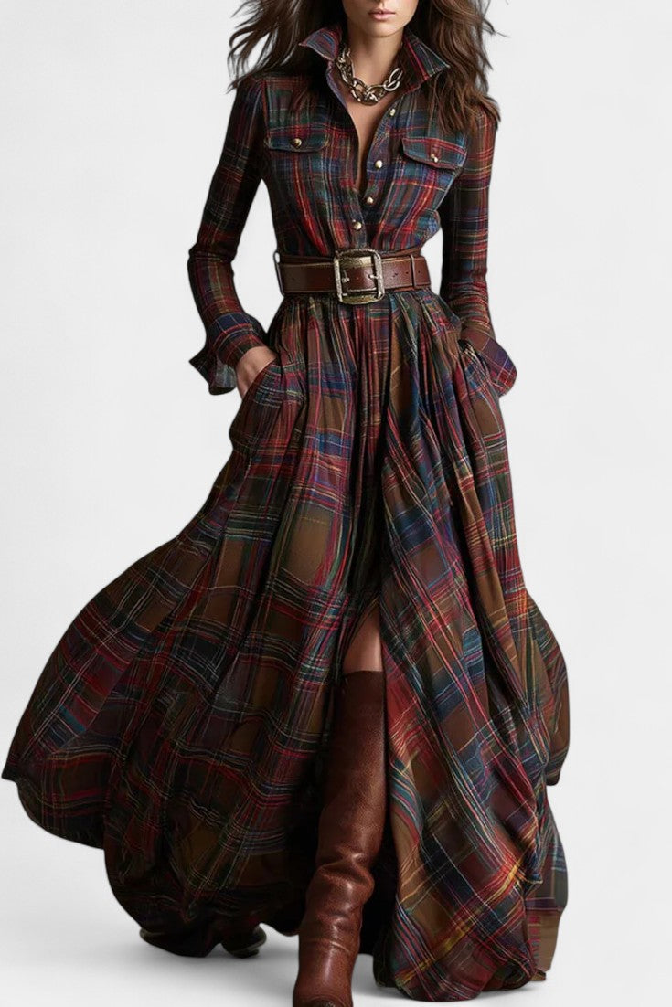 Eustelle Brown and Reddish Checkered Maxi Dress with Collar