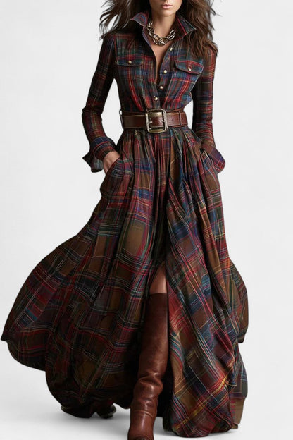 Eustelle Brown and Reddish Checkered Maxi Dress with Collar