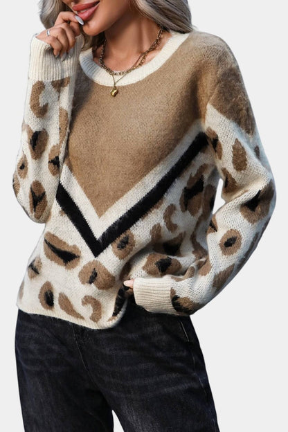 Leopard Print Ginette Sweater with Bold Stripes