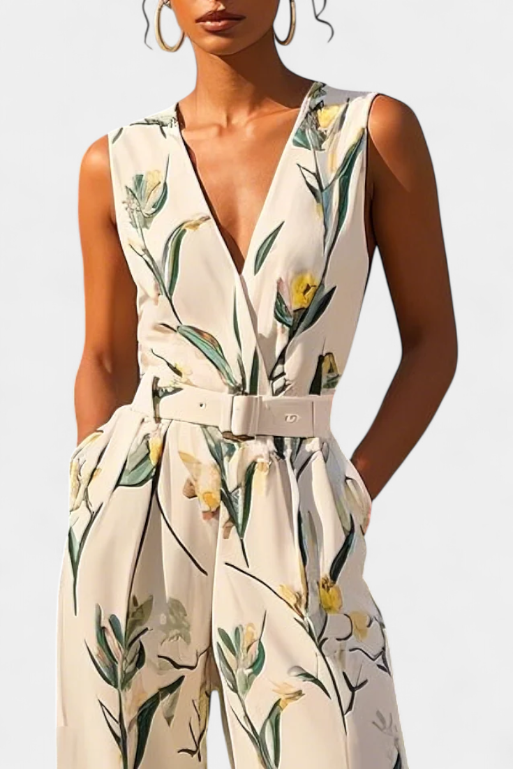Slara™ -  White V-Neck Jumpsuit with Belted Waist