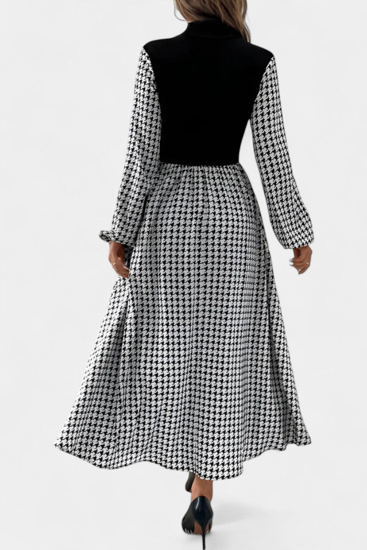 Houndstooth Midi Flared Dress with High Collar by Lauriane